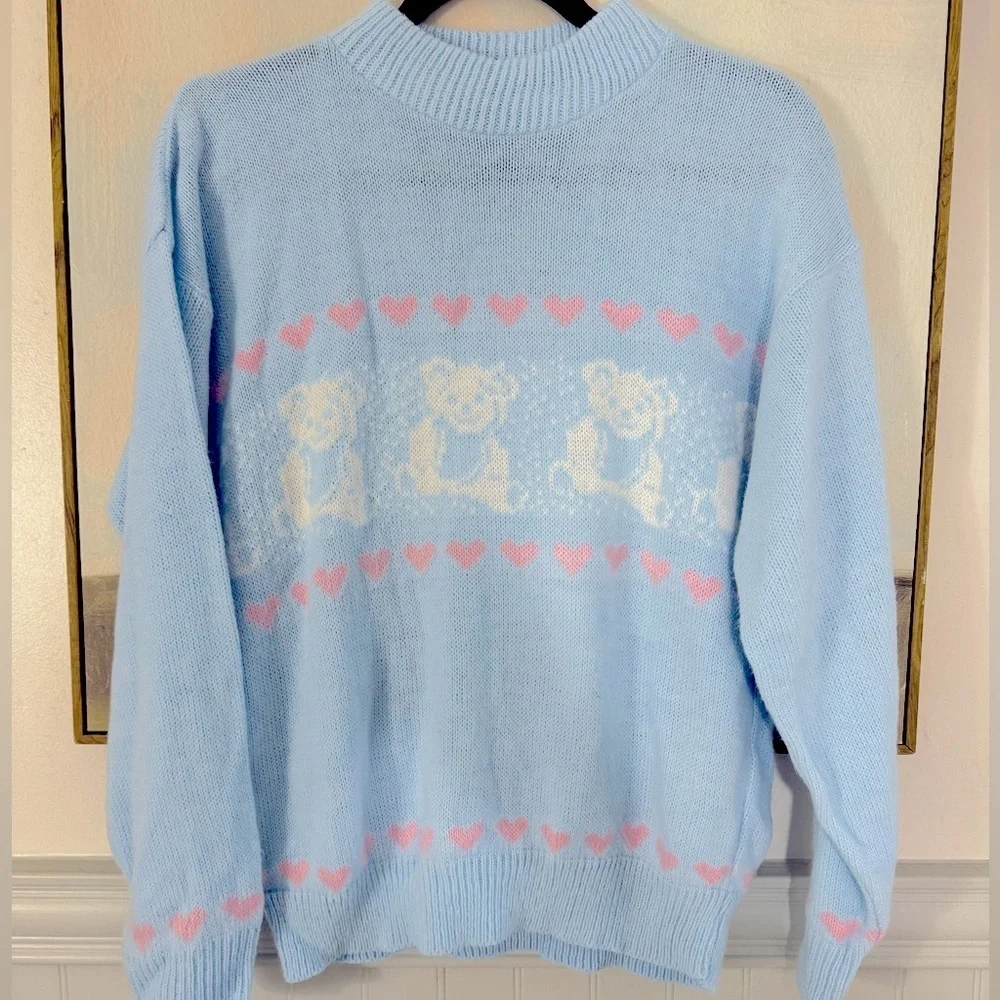 VINTAGE Acrylic Teddy Bear Hearts Sweater Baby Blue Pink Crewneck Size Medium - Picture 1 of 5